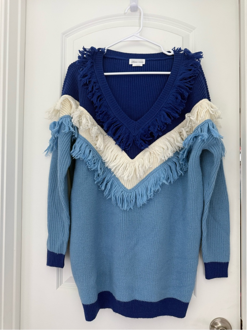 Lovers + Friends Blue Fringe V-Neck Sweater with Cream Accent